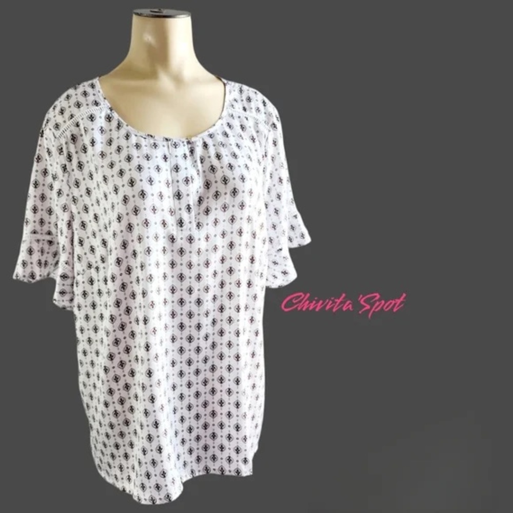 Liz Claiborne Career Blouse Women’s Plus Size XXL White Foulard Short Sleeve